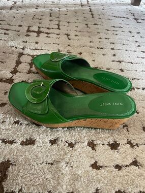 Nine West Green Leather Cork Wedge Slide Mules size 8